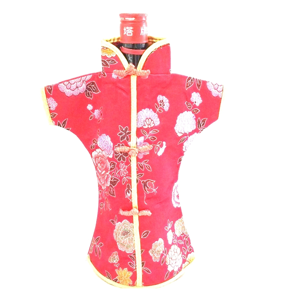 Red Floral Chinese Silk Dress Wine Bottle Cover
